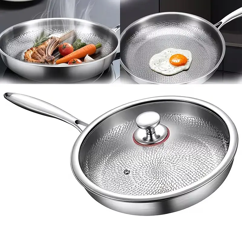 Titanium Hammered And Stainless Steel Pan Pro With Lid, 10.24 Inch Pan Hammered Pattern, Non Stick Frying Pans For Cooking, Scratch-Resistant, Even Heating, Compatible With All Cooktops