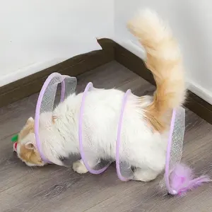 1 Pcs Cat Tunnel Toy Foldable Storage S-shaped Cat Tunnel Rolling Dragon Feather Mouse Fun Cat Toy Pet Accessories Interactive