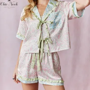 Women Floral Pajama Set, Short Sleeve Tie-up Shirt with Shorts Daily Sleepwear Loungewear