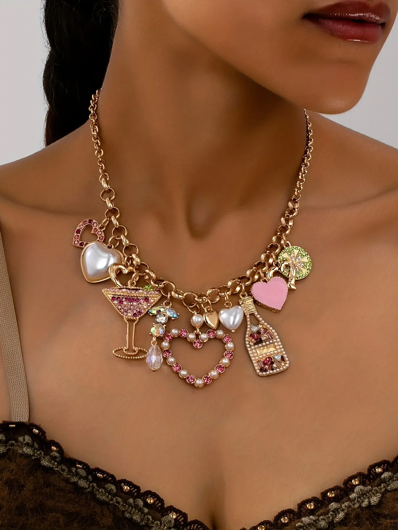 Boho Ocean Vacation Style Heart Cutout Wine Glass Cup with Faux Pearl Pendant Necklace, Fashion Chain Jewelry for Women, Bling Necklace, Trendy Necklace, Accessory Necklace, Necklace Gift
