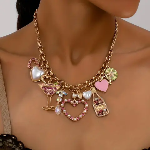 Boho Ocean Vacation Style Heart Cutout Wine Glass Cup with Faux Pearl Pendant Necklace, Fashion Chain Jewelry for Women, Bling Necklace, Trendy Necklace, Accessory Necklace, Necklace Gift