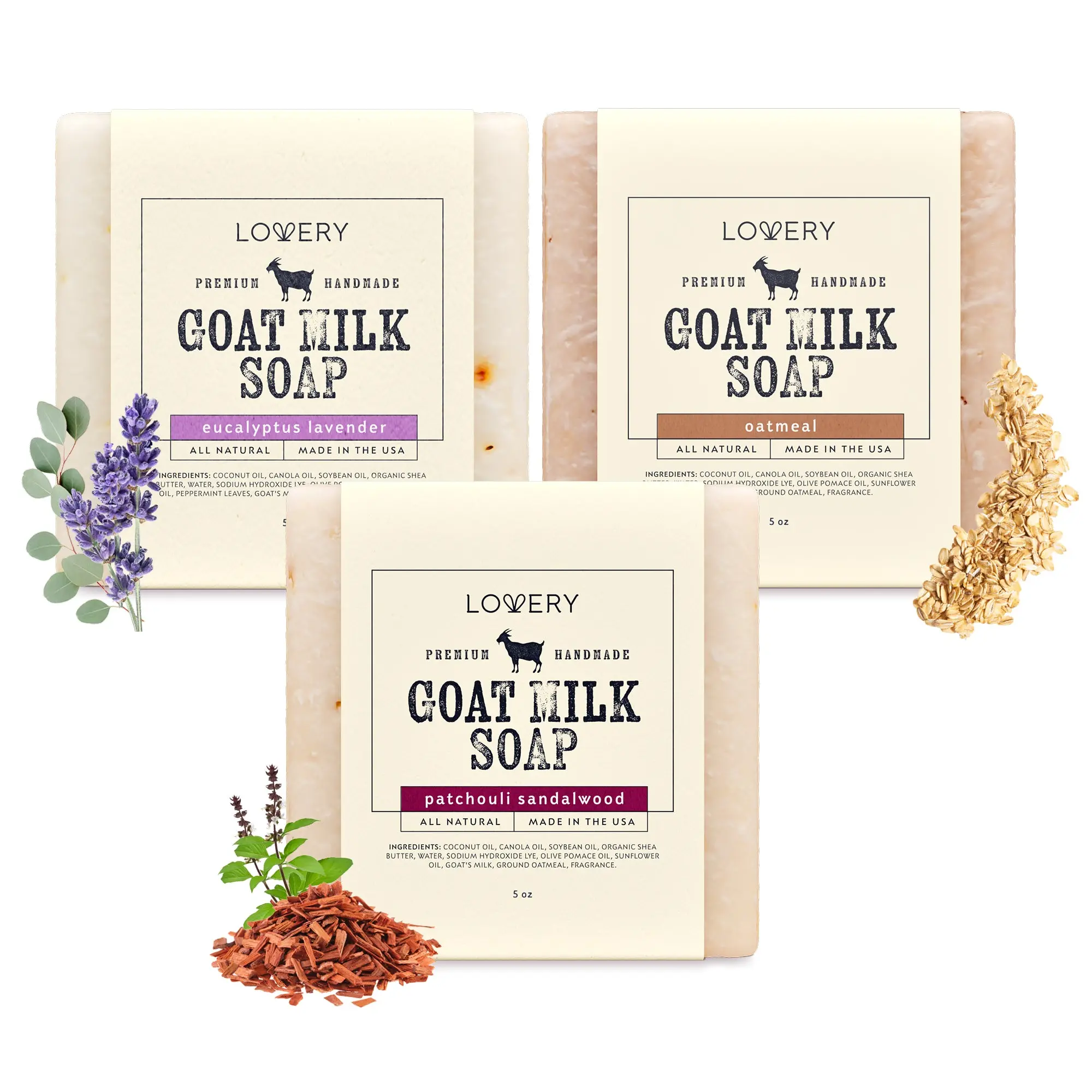 Handmade Goat Milk Soap Bars with Organic Shea Butter  - 3Pack Oatmeal, Eucalyptus Lavender, Patchouli Sandalwood Scents Made in USA