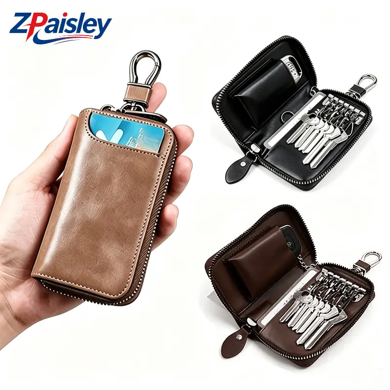 1Pc Leather Key Case,Car Key Fob Holder,Zipper Key Pouch with Card Slot,Key Organizer with Hooks,Compact Leather Key Holder