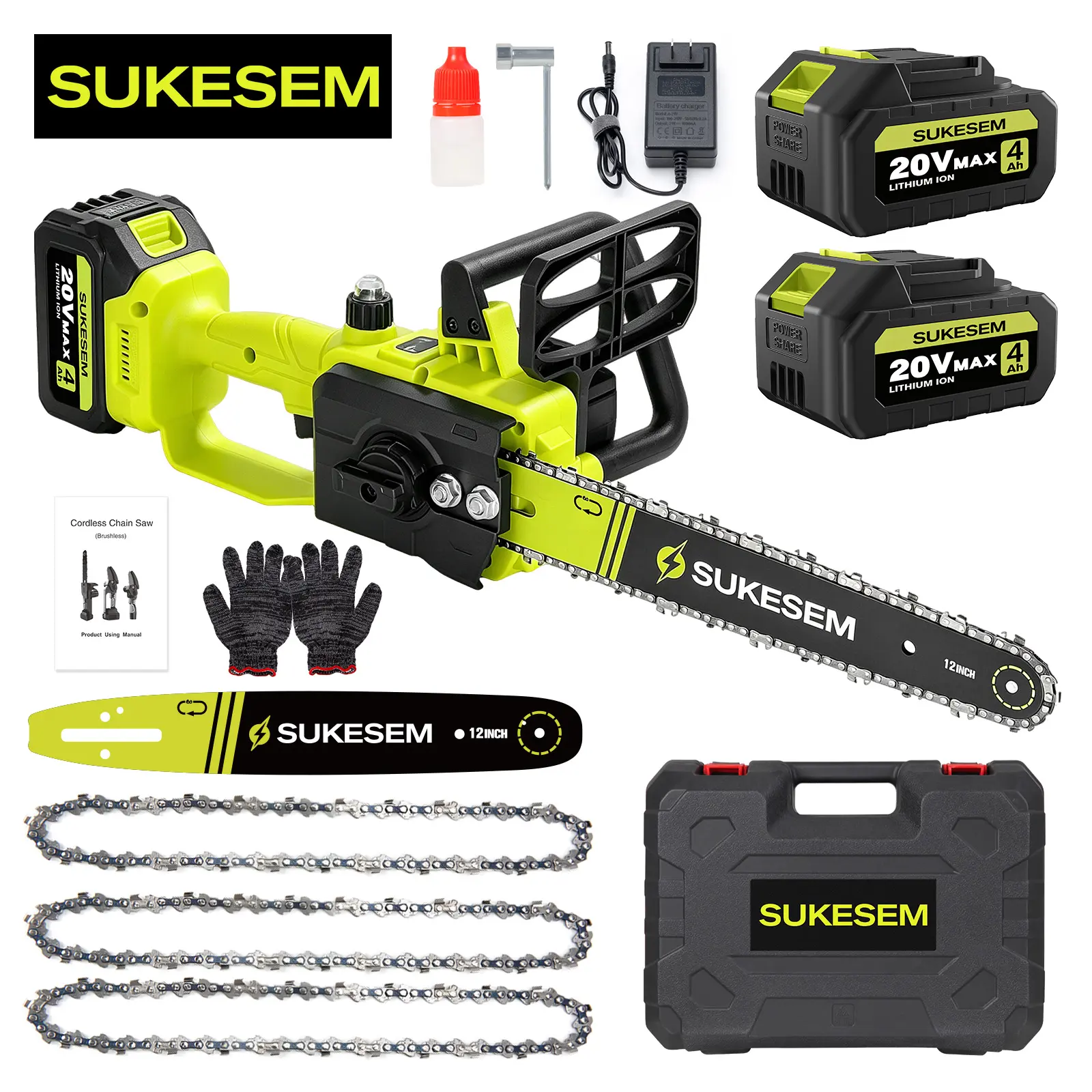 40V Brushless Cordless Chainsaw, 12 In Handheld Grip Electric Chain Saw with 2x4.0Ah Batteries & Charger, Battery-Powered Tool for Homeowners, Tree Trimming & Firewood Cutting