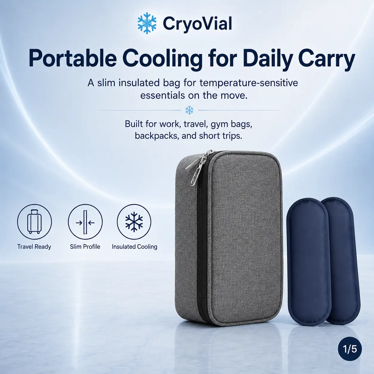 CryoVial On-the-Go Peptide Cooler Bag, Cold Storage Organiser Set with Mesh Pockets for Portable Pack Use, Insulated Bag, Slim Profile