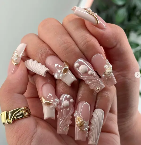 Nude Beach Shell Press On Nails, 3D Pearl Seashell Nail Set, Gold Accent Glossy Summer Bridal Luxury Handmade False Nails