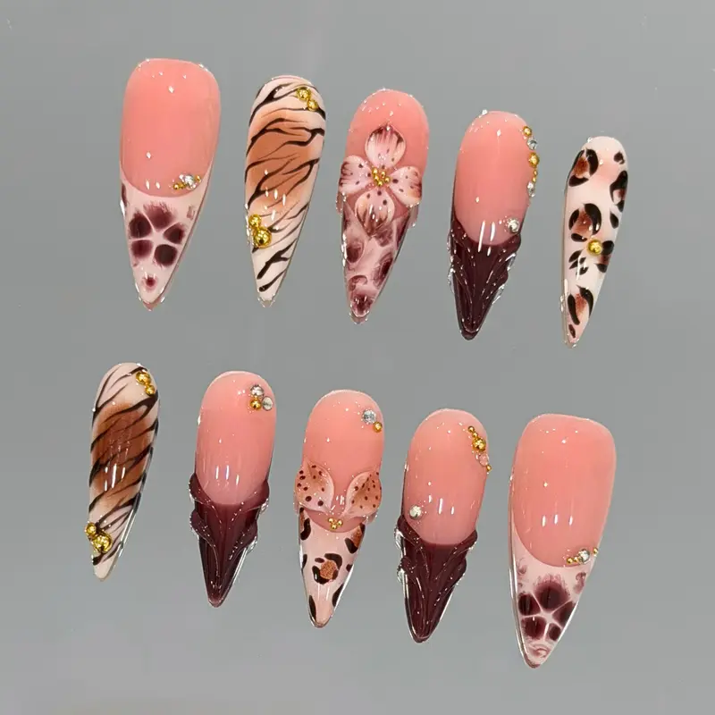 NailVesta MOCHA MARBLE – 100% Handcrafted 3D Press-On Nails | Reusable, Long-Lasting, Salon-Quality black lace nail art nail art trendy gift gold filigree skin therapy almond nail Velvet diy manicure flatback resin False Nail polish fantasy office gel