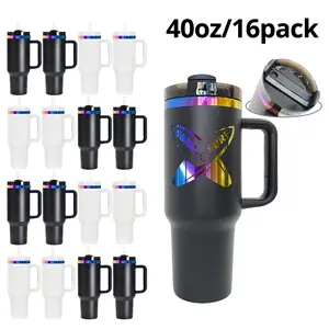 Crafix 16-Pack 40oz Powder Coated Stainless Steel Thermal Vacuum Insulated Tumblers - Portable Leak-Proof Vacuum Flasks with Straw, Removable Handle, Laser Engraving Compatible for Holiday Gifting, Outdoor Sports, Portable Vacuum Flasks