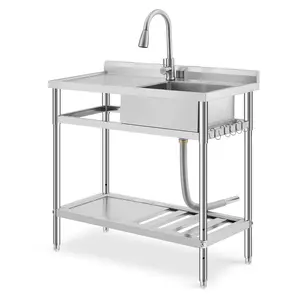 Garvee 39"x20"x39" Stainless Steel Utility Sink with Pull-Out Hot & Cold Faucet, Freestanding Single Bowl, S-Hooks, Storage Shelf, and Adjustable Legs for Laundry Room, Garage, Kitchen Use
