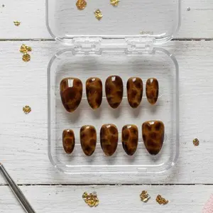 Handmade Tortoise Shell Press On Nails Reusable Gel Nail Set with Adhesive Tabs Nail File Nail Glue Cuticle Stick and Alcohol Wipe for 1-2 Days Wear