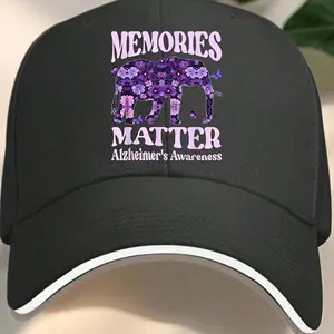 S&T Memories Matter Alzheimer's Awareness Baseball Cap - Black Hat With Purple Floral Elephant, Sandwich Brim Alzheimer's Support Gift For Caregivers, Advocates, Patients -Casual Headwear, Sandwich Style Brim