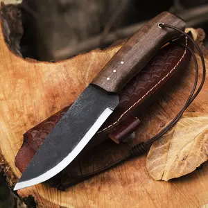 10'' Bushcraft Knife - Scandi Grind Fixed Blade Hunting Knives - Hand Forged Outdoor Camping Knife - Rosewood Handle - Leather Sheath