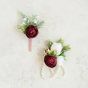 Burgundy Red Rose Prom Corsage & Boutonniere Set - Bridesmaid Gift for Her, Rustic Wedding Bridal Accessories, Flower Pearl Bracelet, Groomsmen Pin, Prom Burgundy Swag