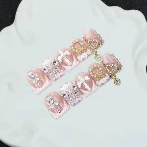 Handmade 10PCS French Press On Nails, Y2K Sweet Cool 3D Butterfly Cross Heart Design Rhinestone Acrylic Fake Nails, Reusable False Nails Kit with Tools, Durable Waterproof Non-Damaging, Pregnancy Safe Quick Dry Whitening, DIY Nail Art for Festival