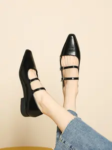 Retro English Style Mary Jane Shoes for Women, Square Toe Casual Buckle Flat Shoes for Commuting, PU Leather Trendy Footwear