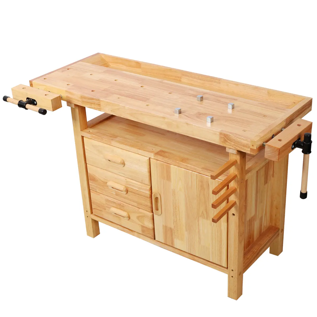 18mm Rubberwood Solid Wood Workbench (50" Large Surface) - 3 Drawers, 1 Cabinet Door, Open Shelf, Natural Finish, Rubber Covers, 139*62*84cm (49.60x22.00x33.00in), 26cm Feature, 105.50 lbs & 330 lbs Capacities, Metal Slides, for Garage & Woodworking Use