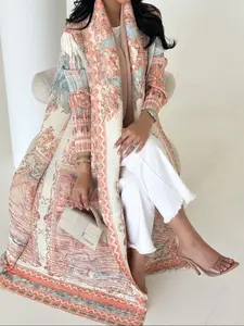 Muslim Plus Size Summer Women's Ruched Pleated Print Long Robe Windbreaker Woven, Casual Loose-Fitting Kimono Jacket, Modest Fashion Outerwear