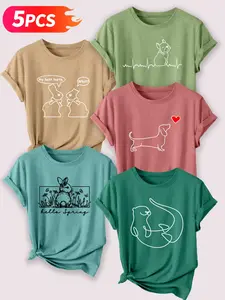 5PCS Pet & Spring Themed Women's Lady Casual Fitted Short Sleeve Crew Neck Cotton Round Neck T-Shirt Set – Bestselling Cute Graphic Print, Multicolor, Machine Washable Spring & Summer Top, Soft Skin-Friendly Fabric, Daily Versatile, Fashion Design