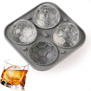 1Pc football shaped ice grid, silicone sphere ice mold chocolate mold, with clear funnel lid, makes 4 large Ice Hockey, for whiskey/cocktail/fruit drink/ice cream ice cube tray