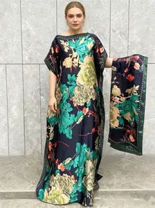 1 Dress+1 Scarf，Luxury Vintage Floral Print Kaftan Dress with Matching Scarf, Satin Boho Maxi Caftan, Beach Cover Up for Women, Oversized Resort Wear Robe, Dubai Style Caftan, Plus Size Summer Holiday Outfit, Gift for Her