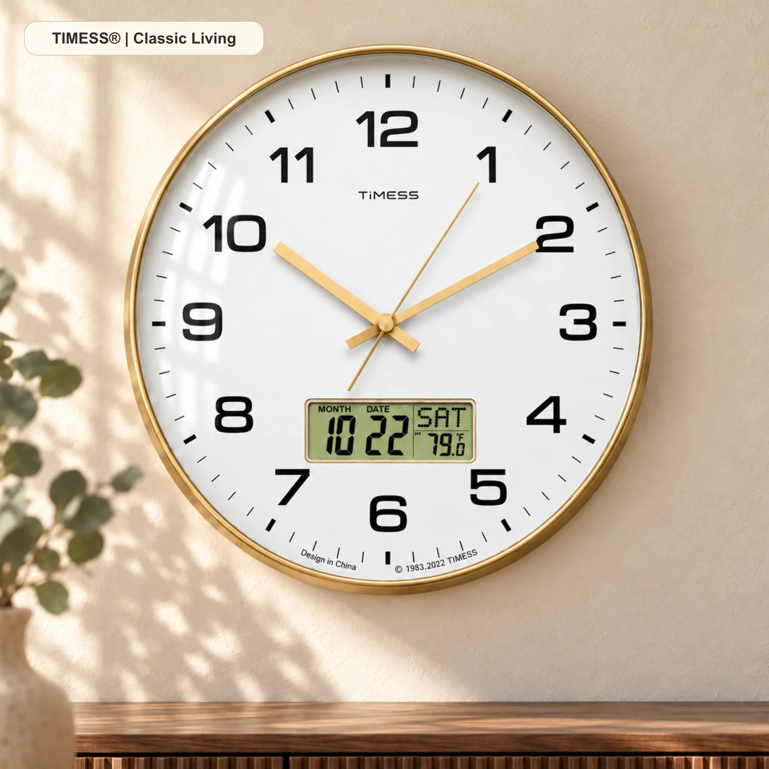 TIMESS 10" 12" 14" Silent Non-Ticking Analog Wall Clock with Date & Indoor Temperature Display, HD Clear Lens Cover, Precision Quartz Movement for Living Room, Bedroom, Office, Kitchen Decor