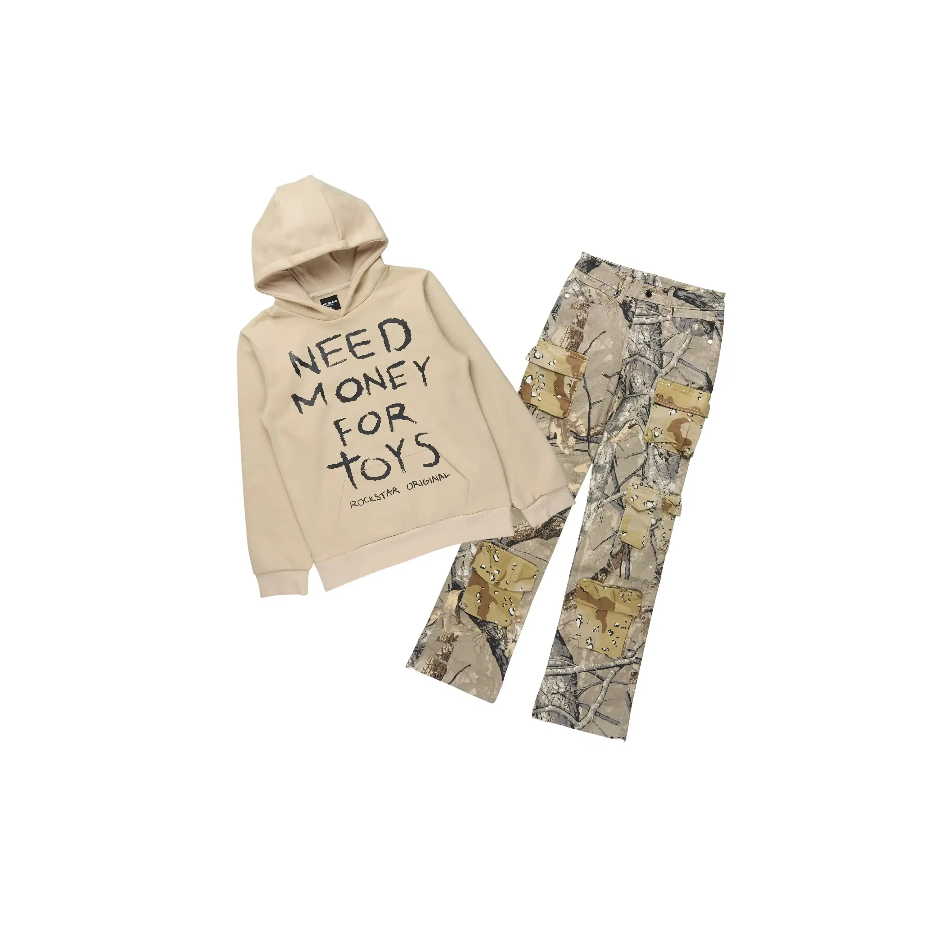 Boys M4 Toys Beige Hoodie & Yves Camo Tree Stacked Jean Set