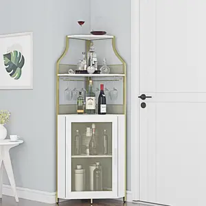 【GARVEE】Industrial Corner Wine Cabinet, Removable Rack & Glass Holder - Gold