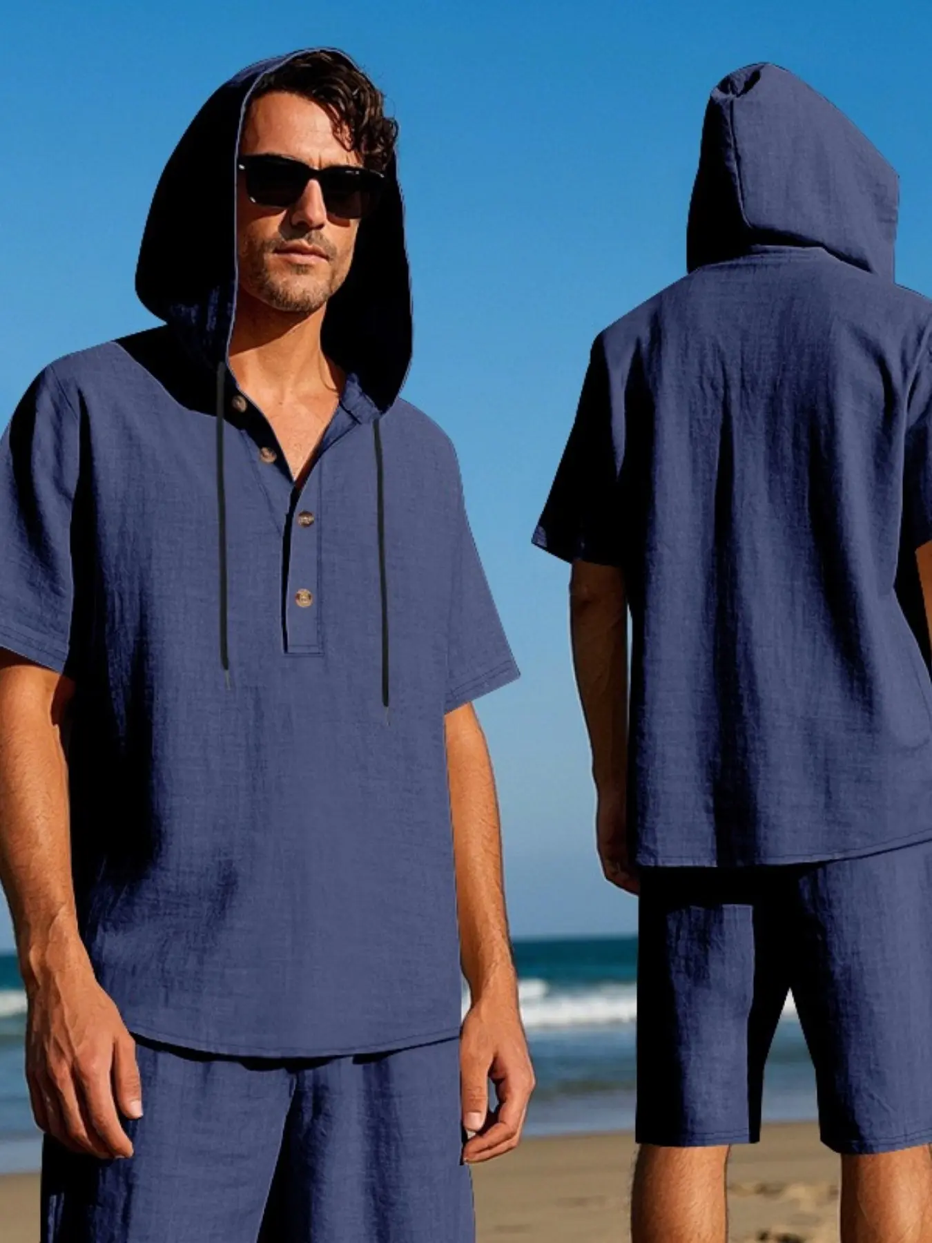 Men's Casual Linen Set, Hooded Henley Short Sleeve Shirt & Tie Shorts, Breathable Loose Fit, Ideal for Daily Wear, Outdoor Activities, Beach Vacation