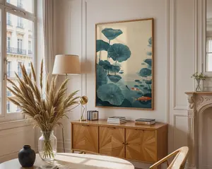 Koi Fish Lotus Watercolor Print, Blue Green Zen Wall Art