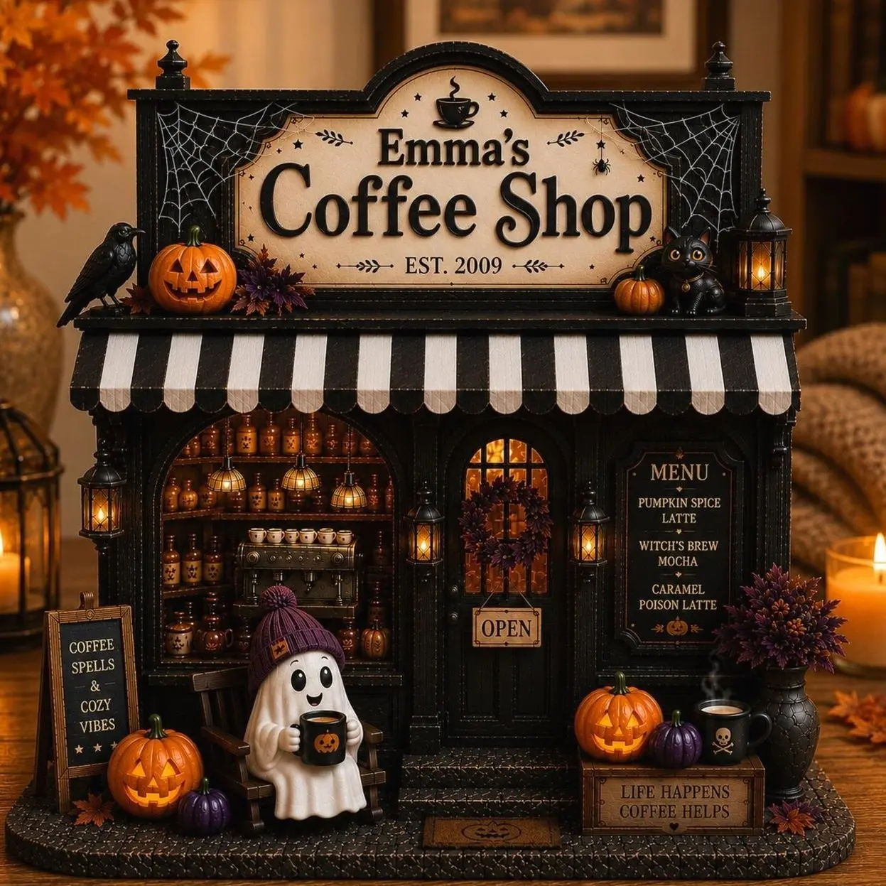 Personalized Ghost Coffee Shop Wood Sign, Spooky Cafe Bar Halloween Shelf Display, Miniature Coffee Decor, Halloween Gift For Coffee Lover