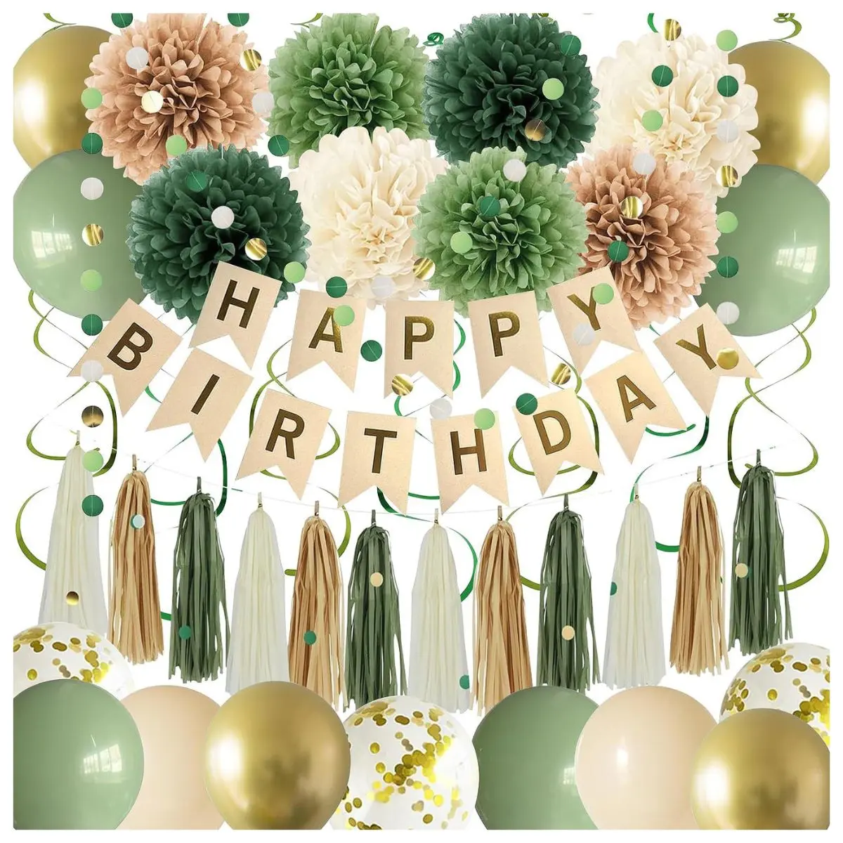 Sage Green Birthday Party Decorations Set – Happy Birthday Banner, Balloons, Tassels & Hanging Decor