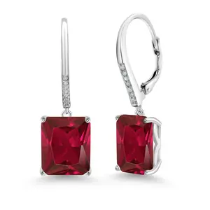 Gem Stone King 11-15 Cttw Leverback Drop Dangle Earrings for Women | 925 Sterling Silver | Gemstone Birthstone and White Diamond | Emerald Cut 12X10MM | Fine Jewelry Gifts for Women Her Mom Wife