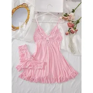 Women's High-End Polyester & Spandex Mesh Cami Nightdress & Panty Set, Solid Color Sheer Boudoir Style, Adjustable Shoulder Straps, Romantic Sleepwear, Elegant Feminine Basic Minimalist Loungewear. Loungewear Sleeveless