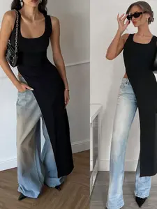Sexy Unique Design Asymmetrical Long T-Shirt, Slim Fit U-Neck Top, Stylish Upper Garment, Fashionable and Trendy Clothing