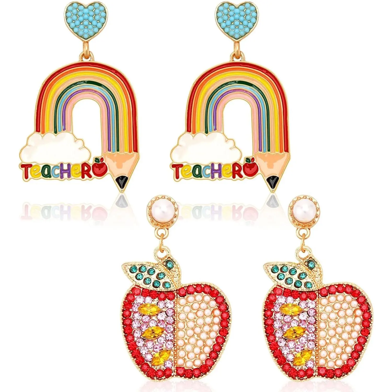 2 Pairs Teacher Enamel Earrings for Women Sparkly Crystal Rhinestone Stud Earrings Rainbow Pencil Beaded Dangle Drop Earrings Last Day of School for Graduation Gift