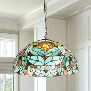 Tiffany Style Floral Leaf Stained Glass Pendant Light, 16 Inch Adjustable Hanging Lamp with Bronze Iron Chain, Bulb Not Included