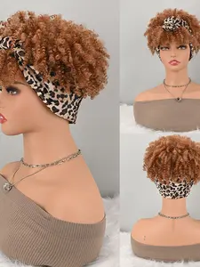 Leopard Print Headwrap Curly Wig, Synthetic Hair, Easy Wear Turban Style, Stylish & Comfortable Design, Perfect for Daily Use, Stylist Friendly Wig