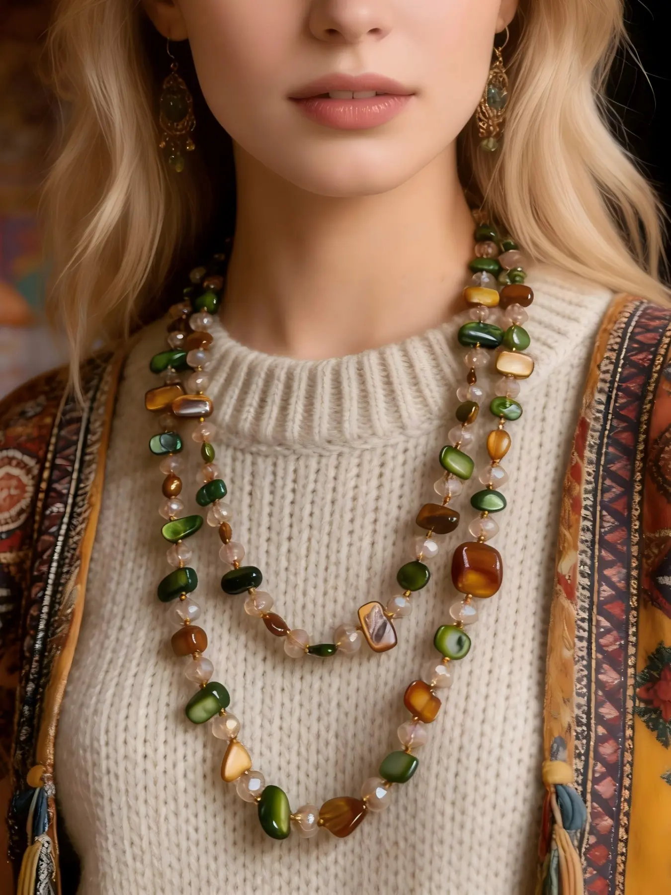 Bohemian Vintage Style Beaded Necklace with Natural Seashells, Unique Irregular Boho Chic Crystal Bead Sweater Chain for All Seasons, Ethnic Pattern Jewelry, Temperament Necklace