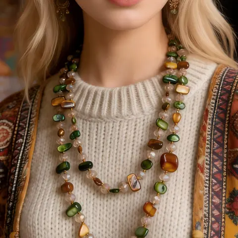 Bohemian Vintage Beaded Necklace, Natural Shell Irregular Bead Sweater Chain, Necklace Gift for All‑Season Wear