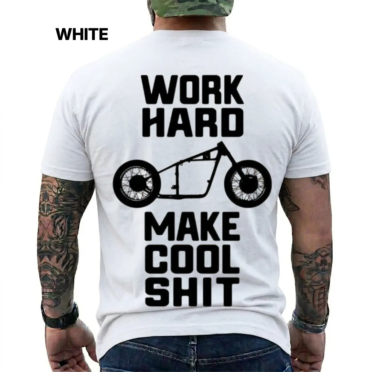 Work Hard Make Cool Shit Custom Motorcycle Builder T-Shirt, Funny Mechanic Fabricator Graphic Tee, Biker Garage Apparel Tops, Custom Chopper Welder Gifts, Short Sleeve Printed Graphic Shirt, Daily Casual Cotton Menswear