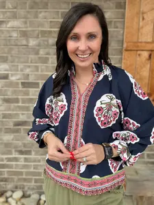 Navy Umgee Exclusive Boho Floral Print Tunic Top Navy Umgee Exclusive Boho Floral Print Tunic Top
