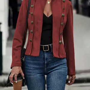 Women'S Elegant Solid Color Double-Breasted Jacket, Polyester 100% Long Sleeve, All-Season Vintage Style, Collarless, Button Detail, Womenswear Coats