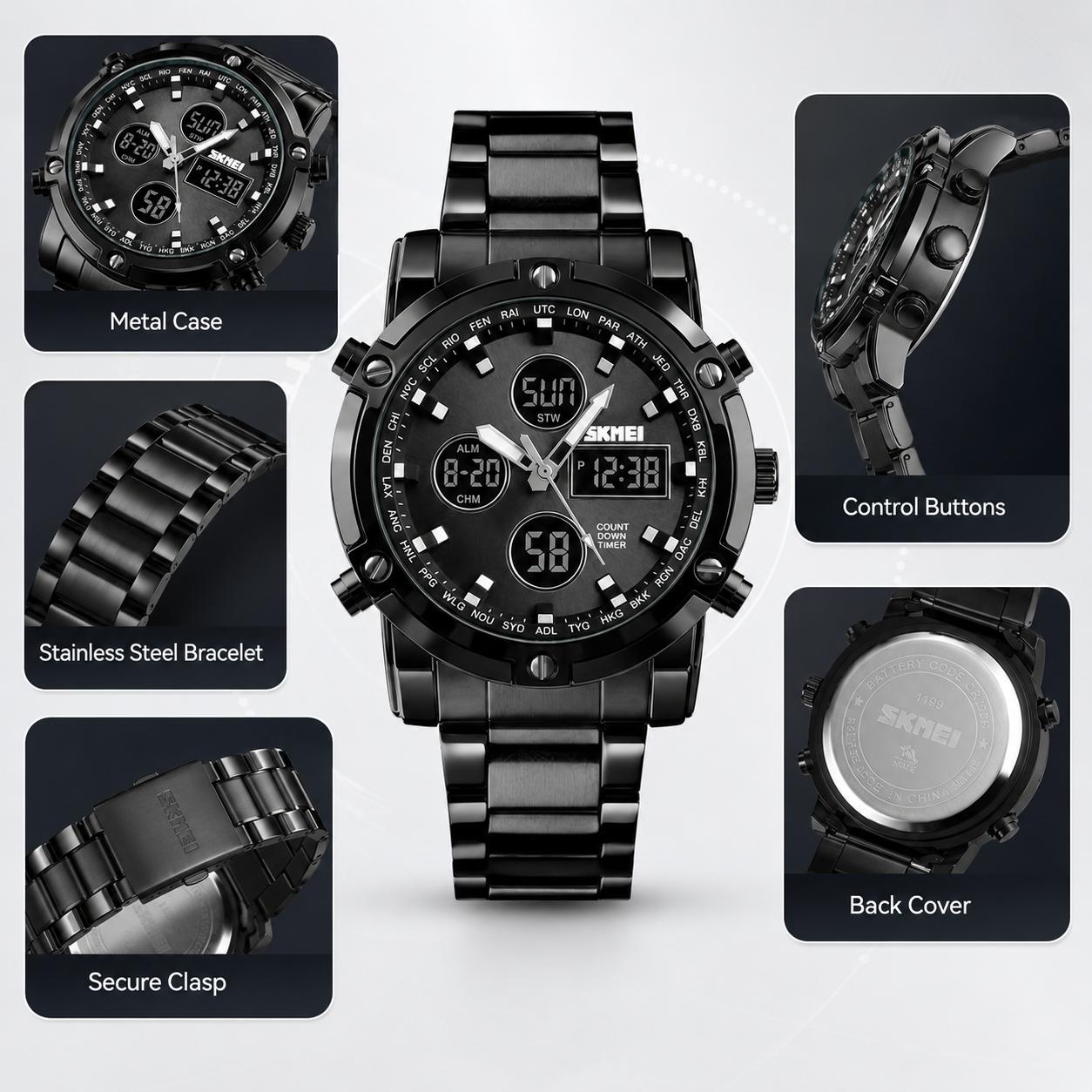 SKMEI Men's Casual Digital Quartz Watch, 48mm Big Face Analog-Digital Display with Stainless Steel Band, 30M Waterproof, Stopwatch, and Backlight, Casual Watch detail 2