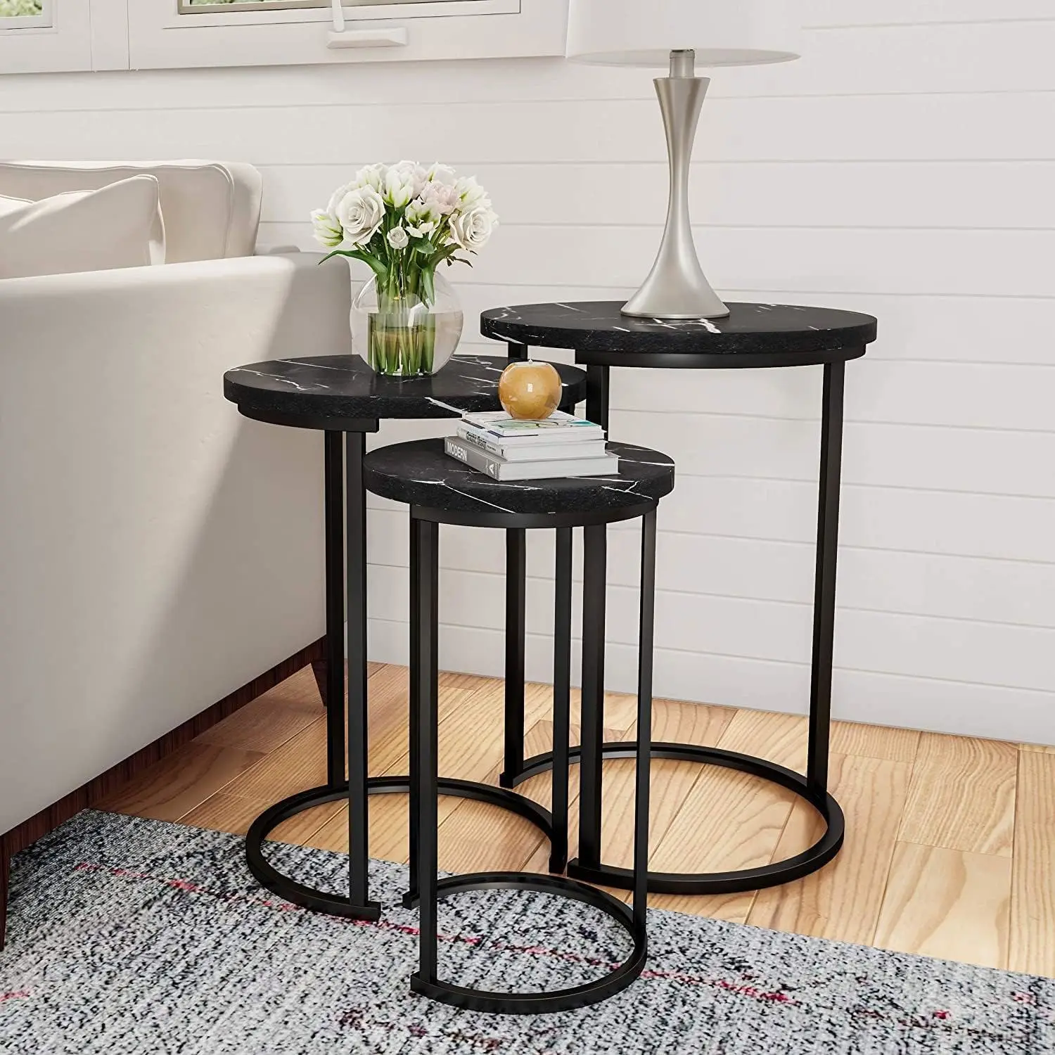HYGRAD 3-Piece Minimalistic Nesting Side Table Set (Nesting Sets) - Wooden-Steel Build, Rounded Metal Legs, 12x20.25in Multi-Size Stacking Tables, 22.04 lbs, Rustic Look, Black Marble-Look Round Tops, Assembly Required for Living Room, Dorms