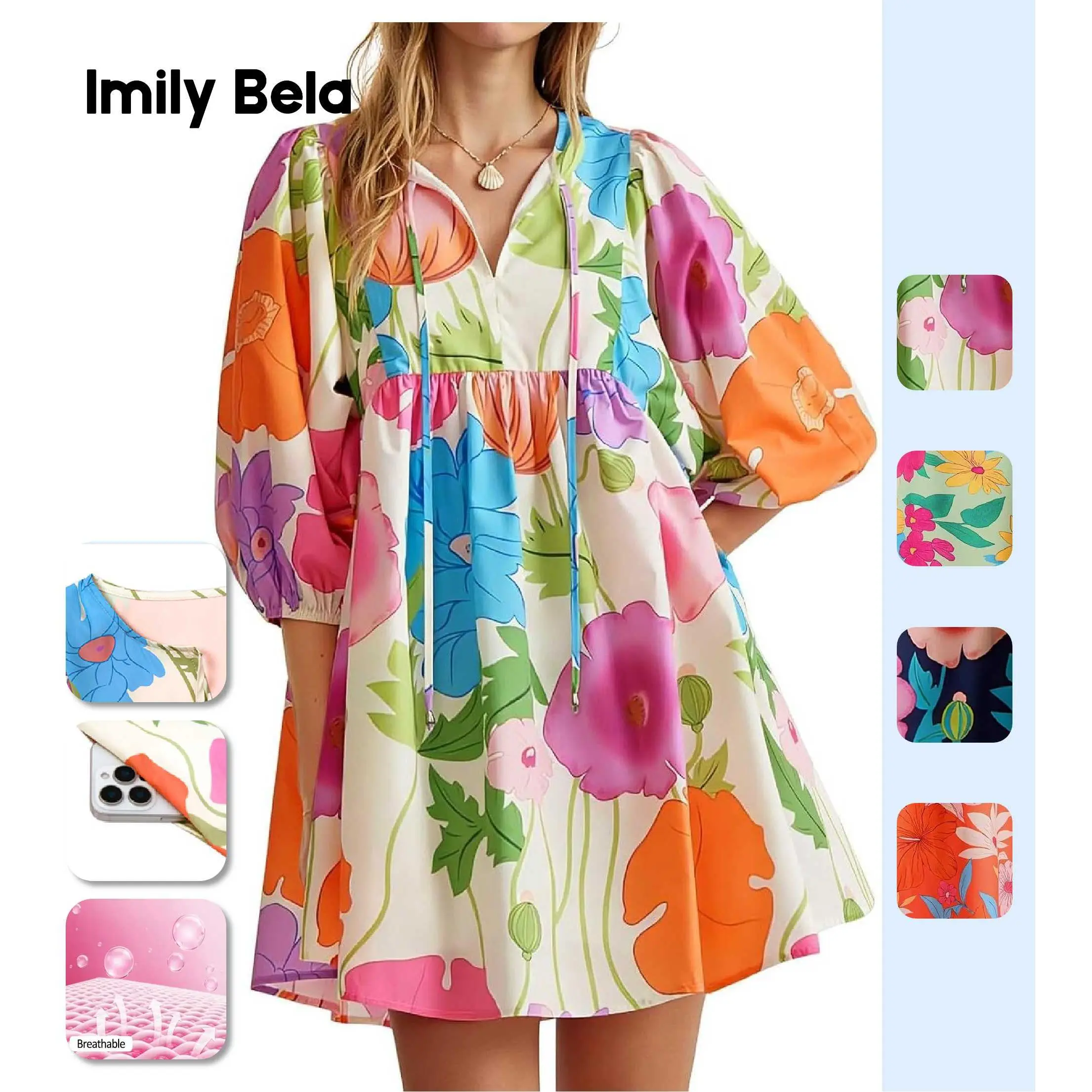 Sovelen Womens Summer Dresses 2026 Floral Mini Babydoll Dress V Neck Puff Sleeve Loose Fit Boho Beach Sundress
