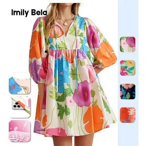 Sovelen Womens Summer Dresses 2026 Floral Mini Babydoll Dress V Neck Puff Sleeve Loose Fit Boho Beach Sundress