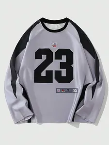 Men's Long Sleeve T-Shirt, American Sporty Design, Athletic Style, Number Print, Color Block Patchwork, Breathable Comfort Fabric, Casual Fashion
