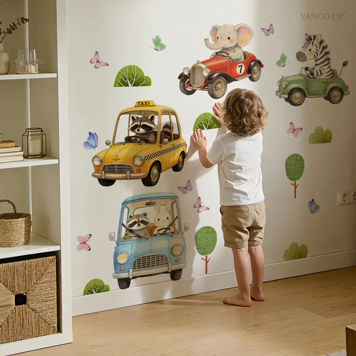 2Pcs/Set (3060cm2pcs) Cute Animal Car Wall Stickers, Decorative Stickers, Elephant Zebra Raccoon Driving Retro Car Decals for Kids Room Bedroom Decoration
