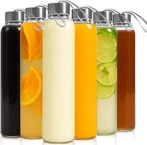 Epica Clear Glass Bottles with Lids 18oz Reusable Food Grade Leak Proof BPA Free Dishwasher Safe for Juicing Milk Smoothie Set of 6