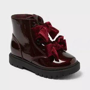 Cat & Jack Toddler Girls' Estes Shimmer Combat Boots - Burgundy Faux Patent Leather with Decorative Bows & Side Zipper